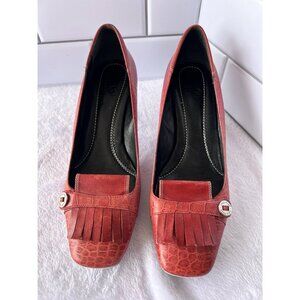Cole Haan Red Kitten Heel Womens Size 7.5 B Leather w/ Button and‎ Fringe Brazil